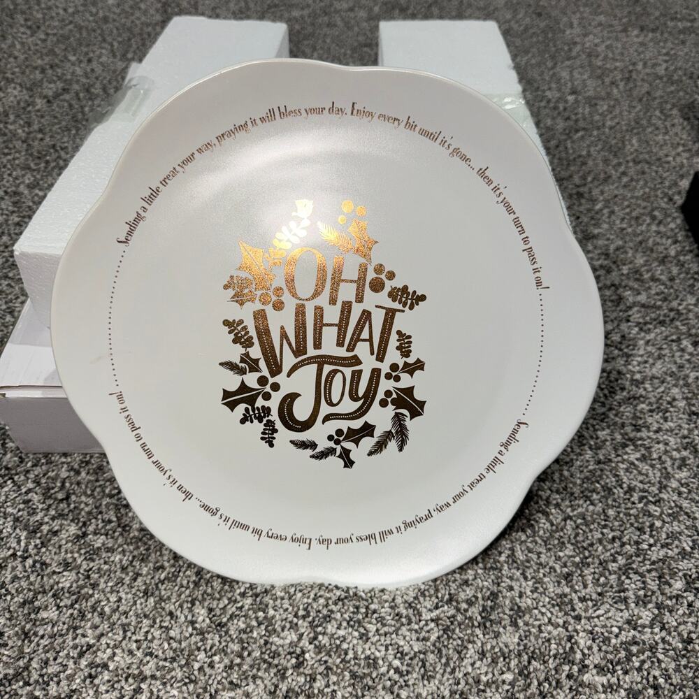 Dayspring Bless Your Day Holiday Giving Plate, White with Gold Foil, NEW IN BOX